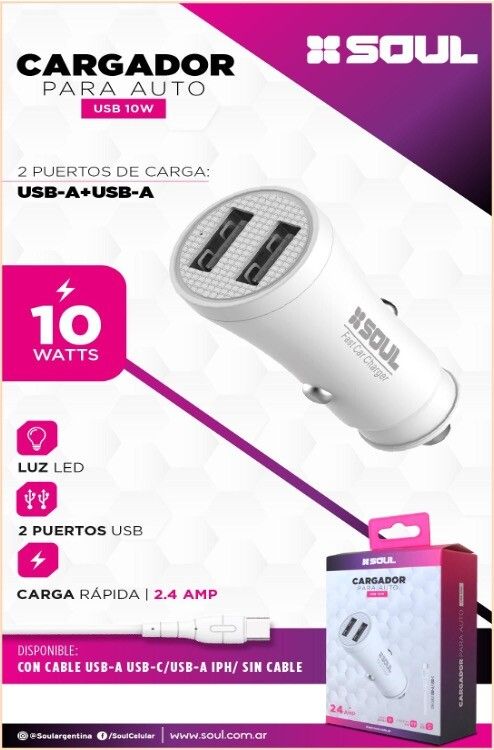 Cargador De Auto Dual Usb 2.4a 10w S/cable Soul