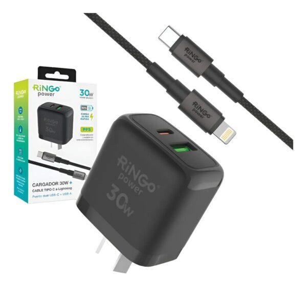 Cargador Ringo Power 30W - USB + PD - C/cable C to Ligthning Negro
