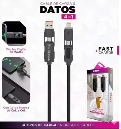 Cable USB 4EN1 60W C/ Display Blanco Marca SOUL