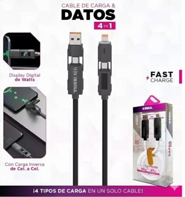Cable USB 4EN1 60W C/ Display Blanco Marca SOUL