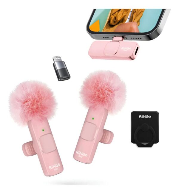 Ringo Mic Doble con cubreviento con ficha C + adaptador Lighting - x 1 (Rosa)