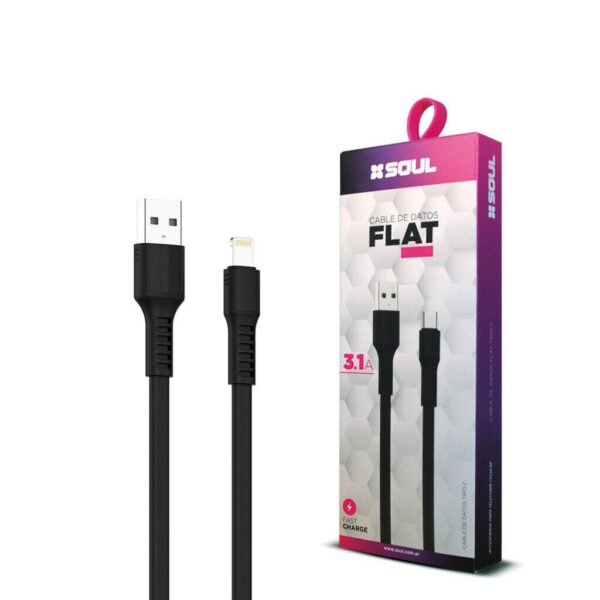 Cable Carga Rapida Lightning 1.2M 3.1A FLAT Marca SOUL NEGRO