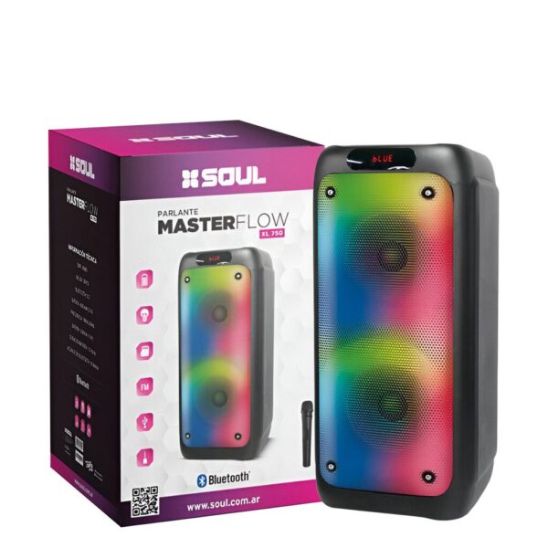 Parlante master Flow Max XL750 60W 2x8´ Marca Soul Luz Led / Btt / Usb / Msd / Radio / Karaoke - 2 Microfonos