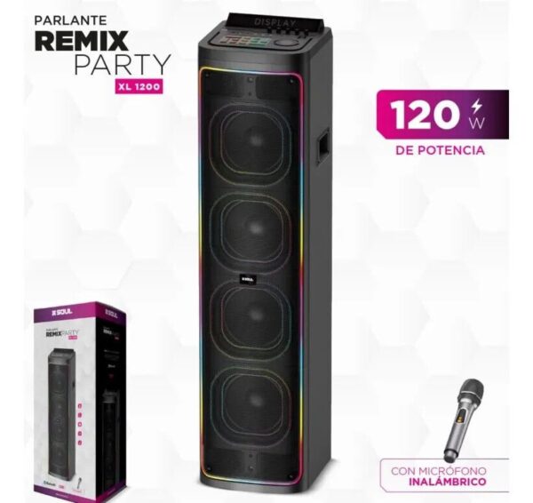 Parlante Soul - REMIX PARTY - XL1200  - 120W  8''X4 Luz Led / Btt / Usb / Msd / Radio