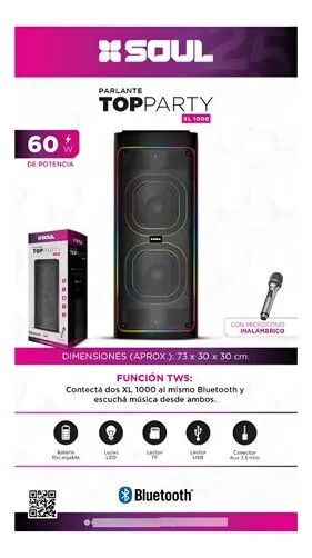Parlante Soul - TOP PARTY - XL1000  - 60W  8''X2 Luz Led / Btt / Usb / Msd / Radio