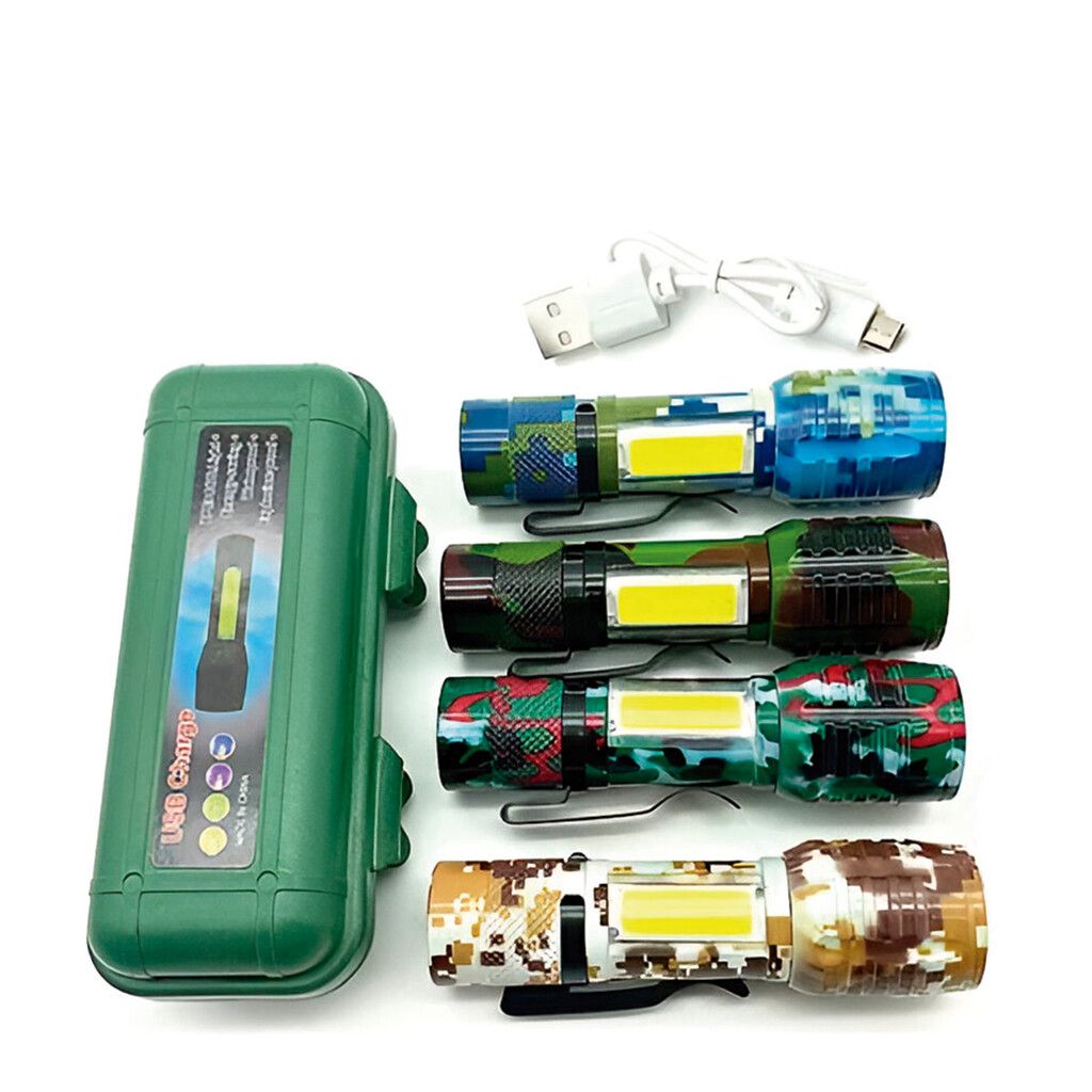 Linterna Tactica LED Metal Camuflada con Zoom y Estuche -- Recargable