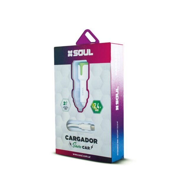 Cargador Auto 12V 2.4A DUAL USB + Cable iPhone  Marca SOUL - Imagen 2