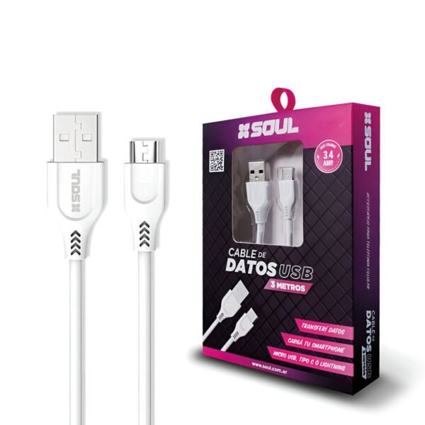 Cable Carga Rapida Micro Usb 3M Marca SOUL