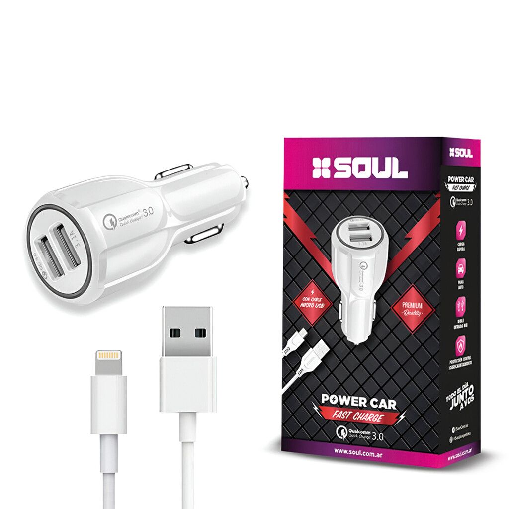 Cargador Auto 12V Dual Fast 3.1 Lightning Marca SOUL