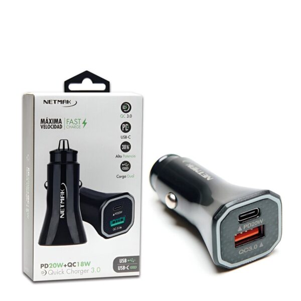 Cargador Auto 12v USB QC3.0 18W + Tipo-C PD 20W  NETMAK