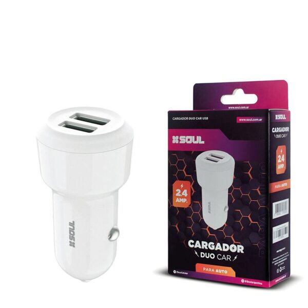 Cabezal Cargador Auto 12V 2.4A DUAL USB Marca SOUL