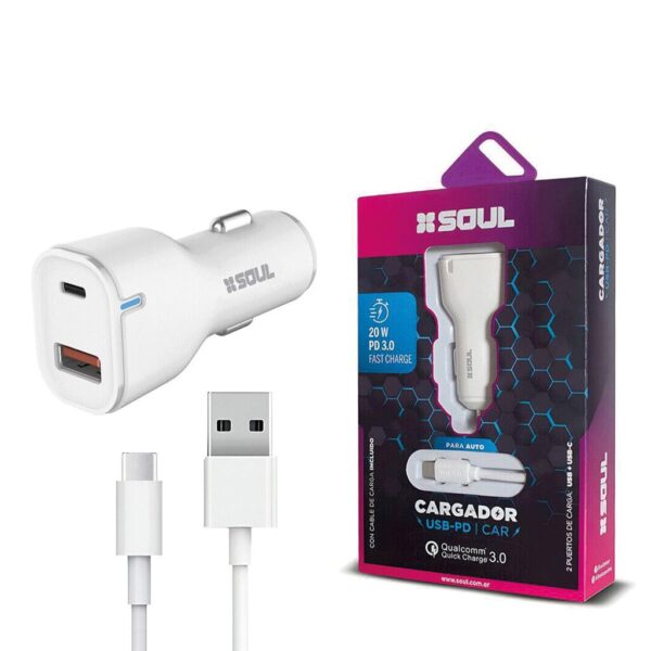 Cargador Auto Ultra Rapido 20W 1USB QC + 1PD3.0 + Cable Tipo C SOUL Cargador Auto Ultra Rapido 20W 1USB QC + 1PD3.0 + Cable Tipo C SOUL
