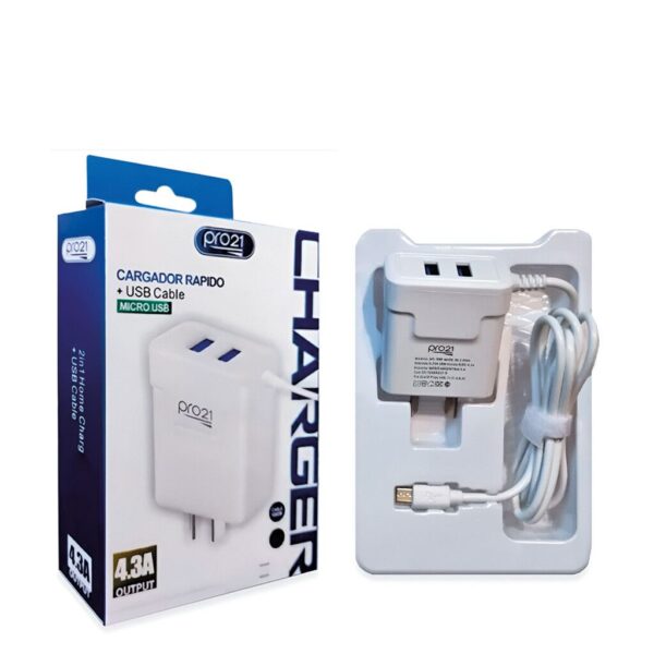 Cargador Rapido 4.3A Micro 2USB C/ Cable  PRO21